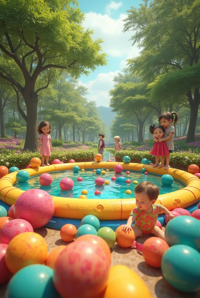 An overhead view of multiple inflatable toys spread out across a grassy field, with children of various ages energetically bouncing and playing. The scene is set in late afternoon, with warm, golden light illuminating the colorful inflatables.