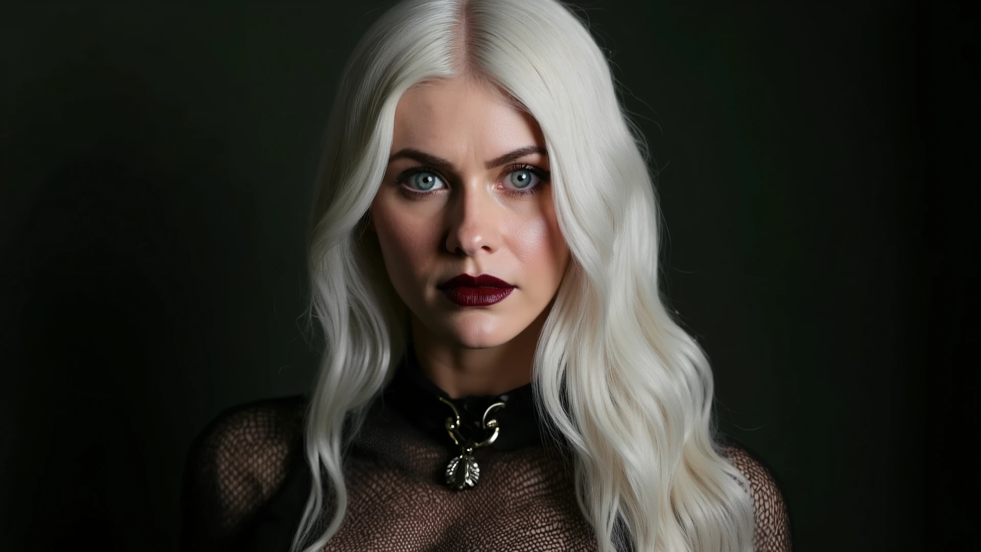 photorealistic, dark, erotic, sensual, female mid thirties, white hair, green eyes, fishnet, new rock boots, seductive, very long hair, perfect hands, perfect eyes, choker