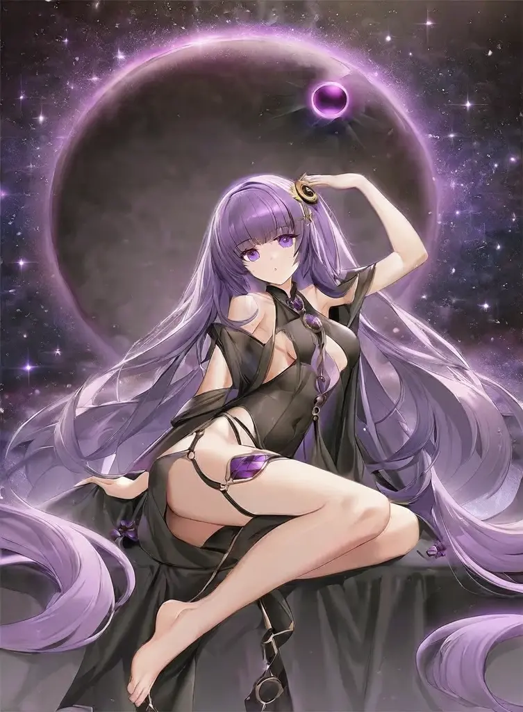 Athena,Extra long purple hair,Purple Eyes,Adult women,Measurements: B100W66H,Black one-piece dress,There are small purple and gold decorations,The long jumpsuit is very sexy,barefoot,A black hole in the background universe,Purple black hole