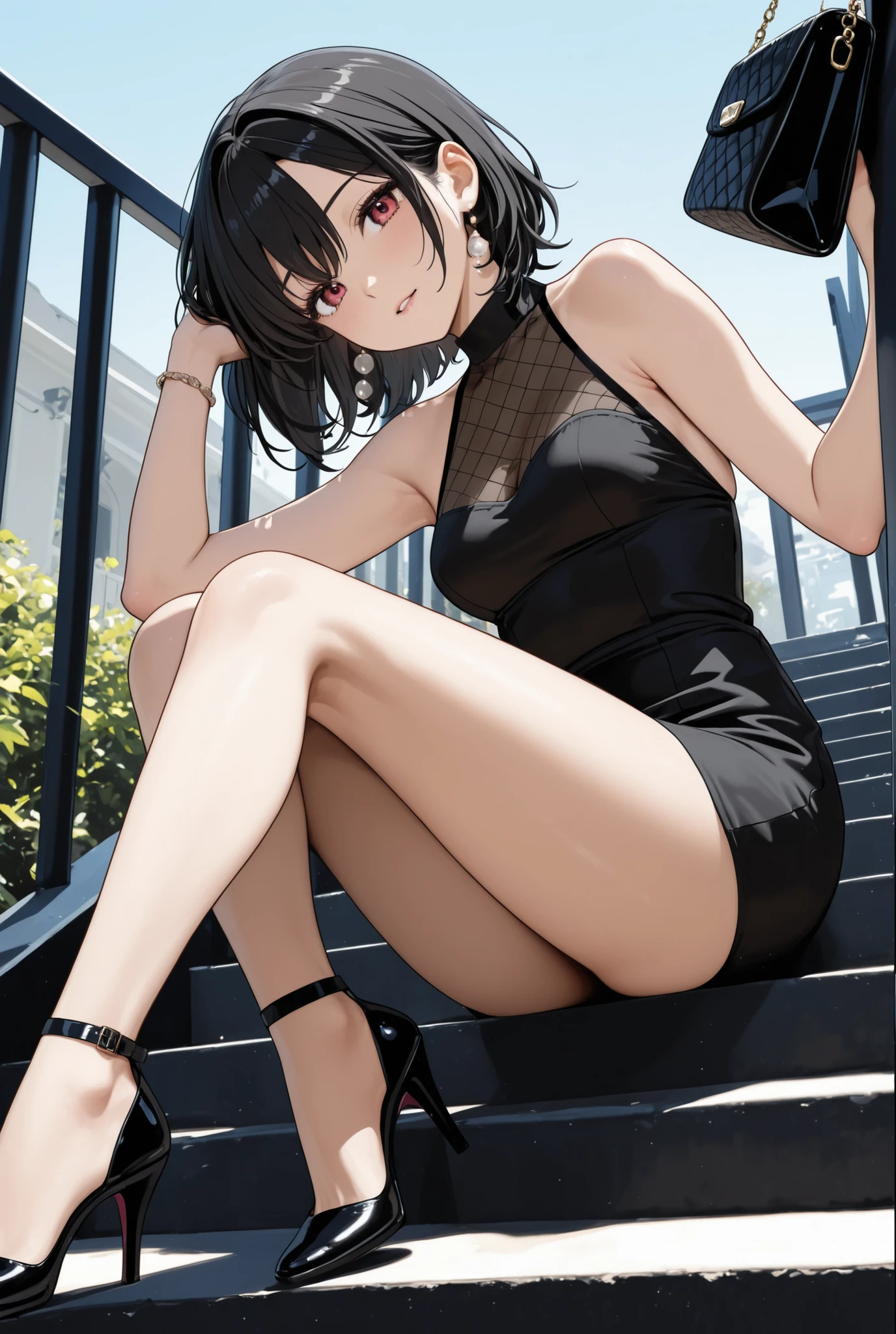 ((14 year old pre- girl)), tiny black dress with square neckline, cleavage breasts, black pantyhose up to the waist, high heels, leaning forward, photo of breasts in the face, very fair skin, short hair, shopping, photorealistic, indirect lighting, volumetric light, ray tracing, hyperdetailed