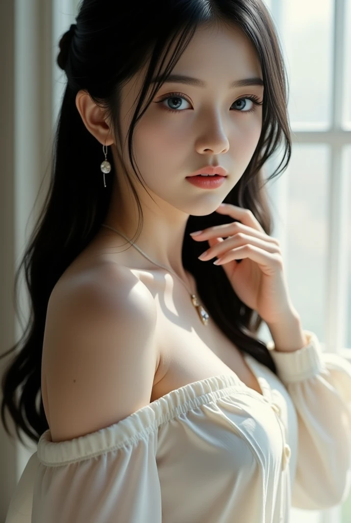 Masterpiece、Best Quality、Illustration、 Super detailed、Fine details、 High resolution、8K Denden Wallpaper、Perfect dynamic composition、24 year old beautiful girl、clear、Detailed beautiful face、Detailed beautiful eyes、Textured skin、A faint smile、Small breasts、Bold sexy pose、Spring long sleeve shirt、
