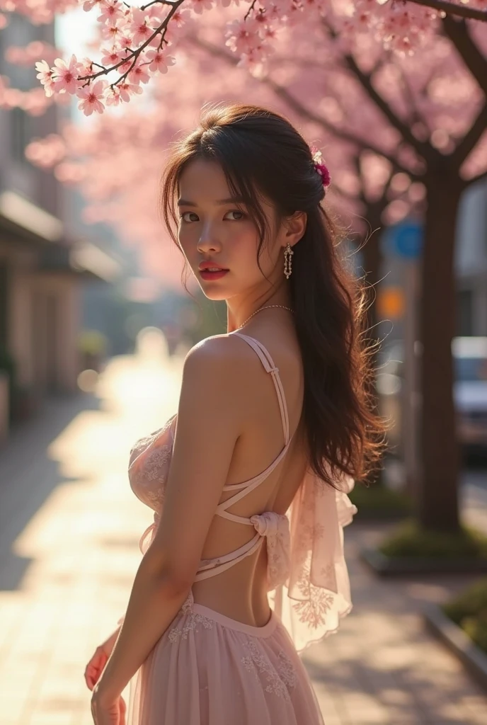 Girl in shrine maiden outfit woth black lingerie with lots of laces