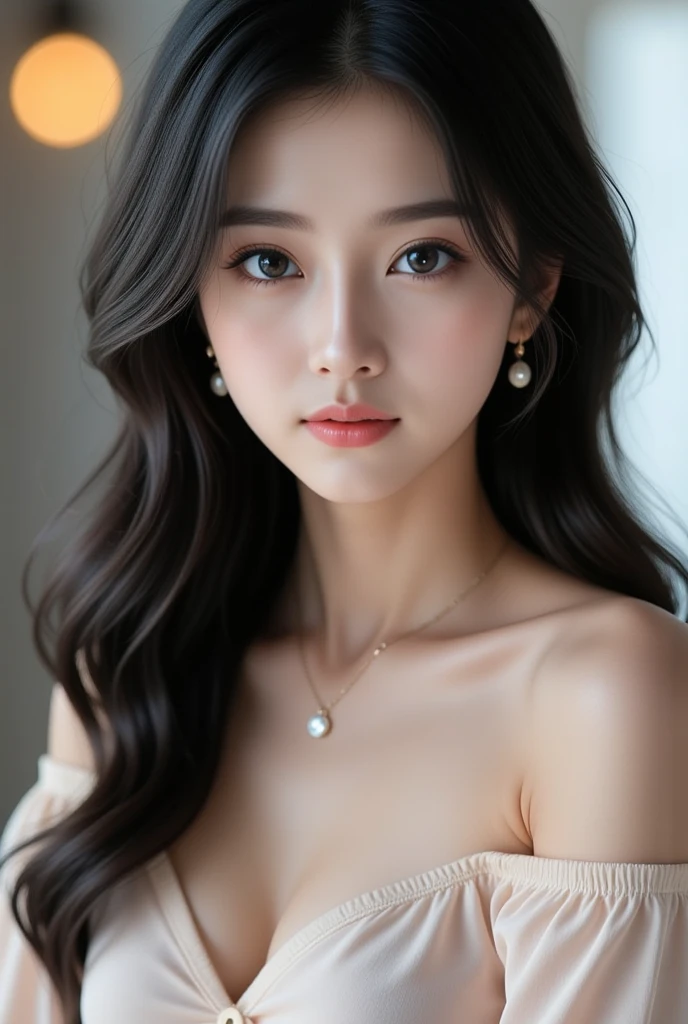 (best quality,4K,8K,highres,masterpiece:1.2),ultra-detailed,(realistic,photorealistic,photo-realistic:1.37),portraits,women,long flowing hair,gray-white irises,vacant gaze,plump pink lips,white flower accents at the ends of hair,graceful figure,medium shot,black attire.
