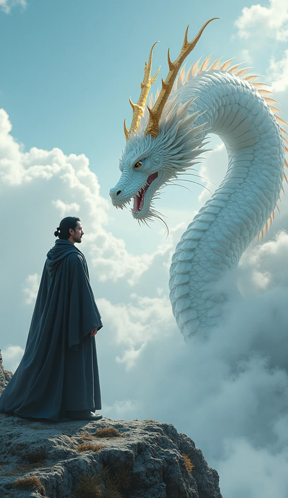 The battle of Buddha and dragon（fo：1.3）,a cassock,Dharma,Like the palm of the Buddha,The Chinese White Divine Dragon soared into the air，（Buddha manipulates dragons：1.3），（Buddha turned his back to the camera：1.3），Sky clouds surround the surroundings，Light magic，Fantastic background，Meaning background，Ridiculous background，There are artistic overlays，multicolored hair, surrealism, Cinematic lighting, Ray tracing, god light, speed-line, angle of view, hyper HD, Masterpiece, Best quality, Super detail, A high resolution, High quality，（Far view：1.3）