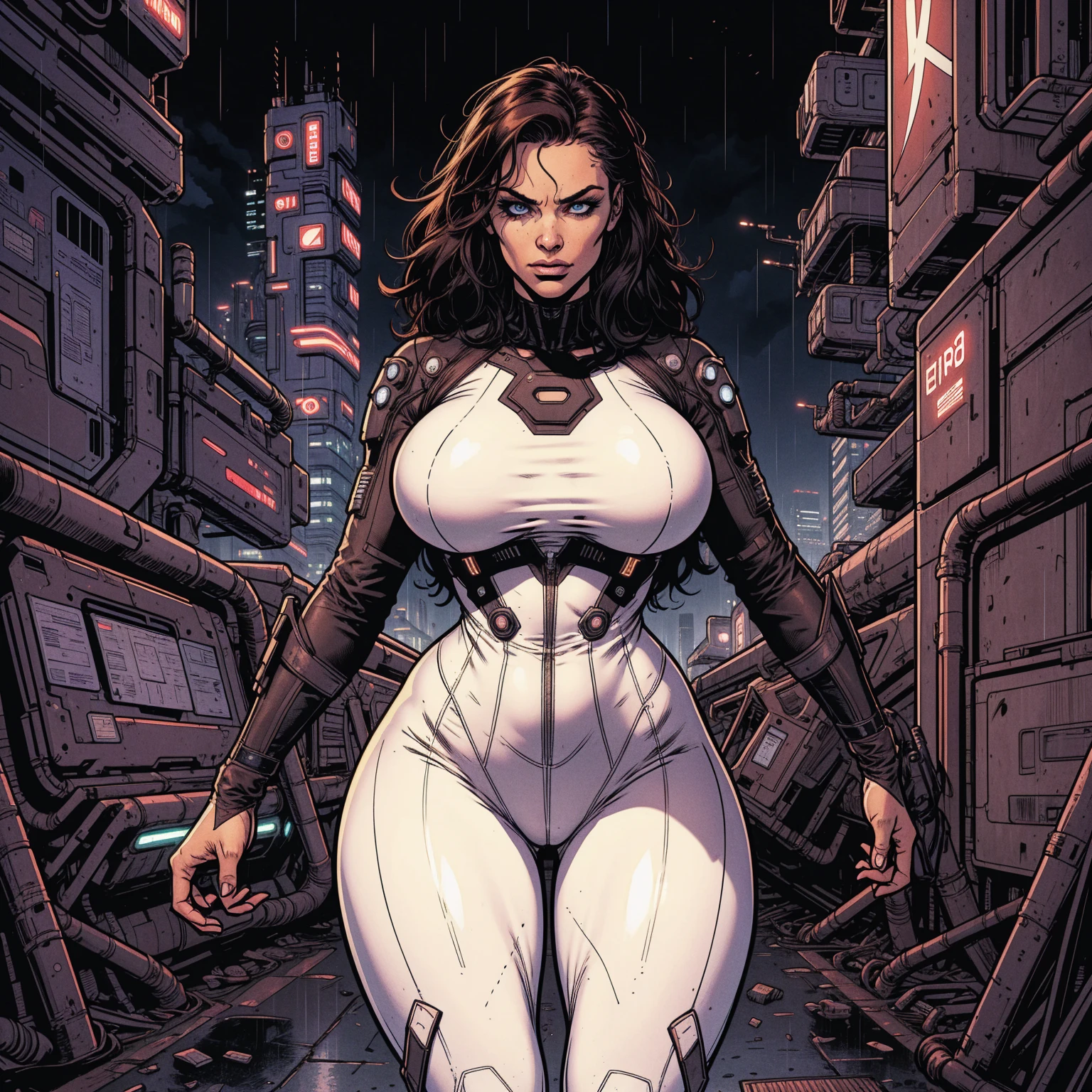 A beautiful Latina model Daisy Marie wearing a tight white silk spacesuit with white lace details, futuristic cyberpunk, full body in comic panel, entire body, bold lineart illustration comics, seductive blue eyes, parted lips, perfect curvy fitness body, nsfw, in the style of Adam Hughes, masterpiece, adult, exploring retro-futuristic aesthetics, highlighting confidence and skill, big city night, Blade Runner