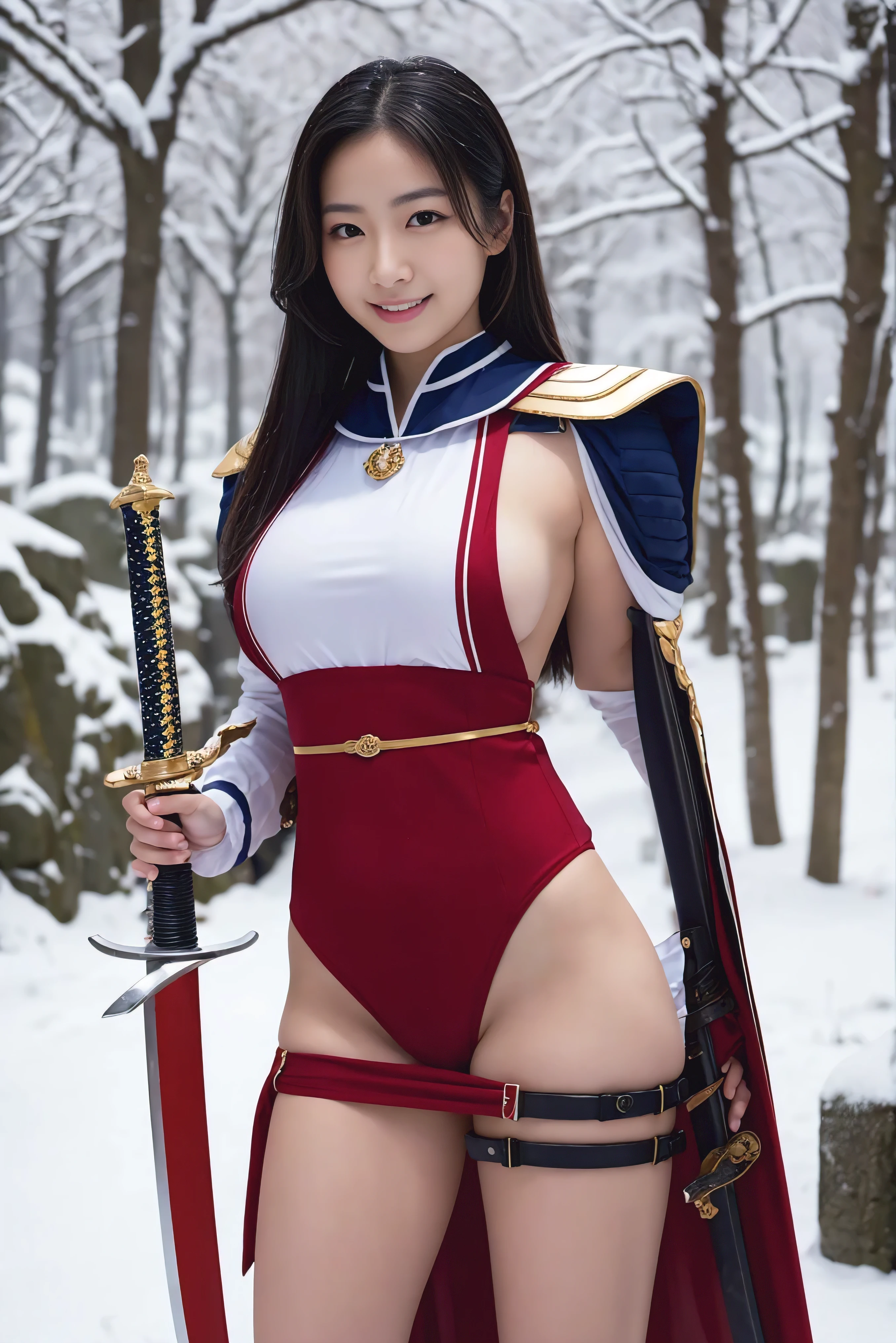 ((highest quality)), (be familiar with), perfect face, Japanese, 35yo, cute, smile, Full body Esbian:1.5, big breasts:1.5, Woman warrior:1.5, cheerleading uniform armor:1.5, adventurer, very big sword, very big sword, very big sword, very big gun, background(snow| stream), from above, lie down, spread legs, panty shot