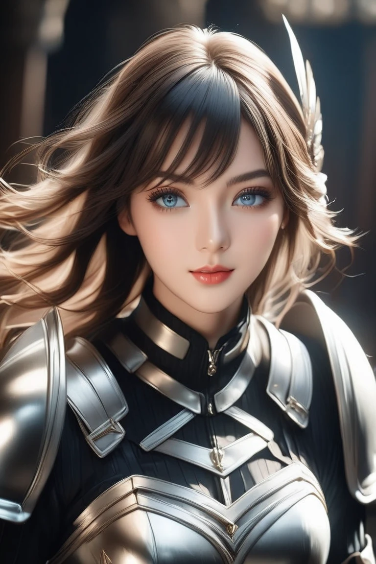 wallpaper of elegant medieval knight woman, wavy long hair, [[[brown hair]]], blonde hair, bangs hair, windy hair, leather armor, cleavage, high detailed brown eyes