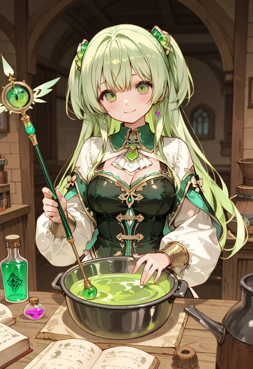 (masterpiece、top-quality、top-quality、Official art、lightly detailed、Beautifully Aesthetic:1.2)、(1girl in)、(Fractal Art:1.3)、very long hairstyle、emerald green hair color colorful, large orange crystal eyes, sparkling big eyes, complex details beautiful and delicate eyes, plump lips, red lips, close up SHOT, face shot, looking to the viewers, smiling face, meaningful expression, wearing casual attire、anime, gorgeous colorful light detail、Intuitive、sharp、Precise focus、insta photo、photo of the year、cinema4d、Dramatic、(3D), back light, sparkles, colorful light, ((masterpiece、top-quality、Watercolor art(Pendants)、Official art、Beautifully Aesthetic:1.2))、(the golden ratio:1.2)、(ultra-detailliert:1.3)、(1girl in:1.3)、(Fractal Art:1.3)、((Glitter pupils))、patterns、colourfull、(heterochromia iridis)、(colourfull:1.5)、(Hyper-detailing), ((delicate detail)), (intricate detailes), ((ciinematic light, best quality backlight)), highcontrast, ((The best lighting, extremely delicate and beautiful)), ((ciinematic light))、(ray trace reflection、brilliance)、((glowing aura))、((Radiant hair))、((The ultra-detailliert))、((8K))、((write))、Delicate beautiful face and eyes,Focus on Face, masterpiece, (realisitic:0.5)、Original 2 High Saturation、( absurderes, superfine illustration, Best Quality, extremely cute and beautiful girl, Very detailed and very beautiful adult big smile:1.2, ;D, Face up, "Mystical Potion Maker": A detailed image depicting a witch in her laboratory, surrounded by bubbling cauldrons, potion bottles, and mystical ingredients, capturing the essence of her potion-making expertise, hyper photorealistic, (extremely detailed background),(life potions shop:1.3),(displayed beautiful life potions:1.3),