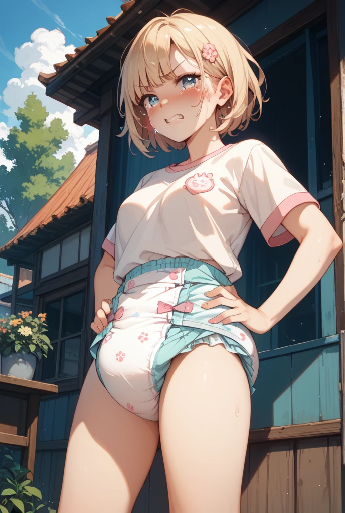 (Crossdresser),blonde low twintails,hoodie,Troubled expression,Groin bulge