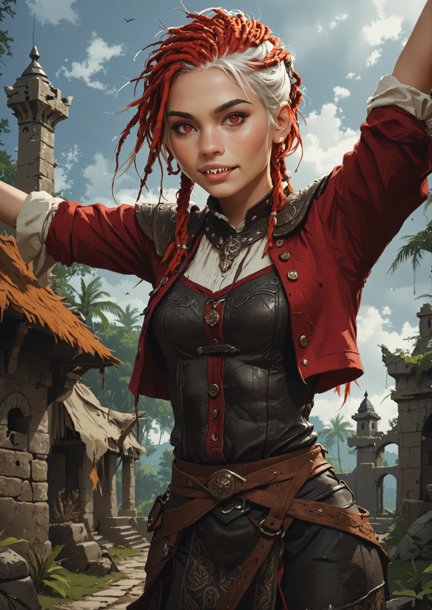 Slender body. White skin. Cute 18-year-old Aztec girl with Asian red eyes and sharp teeth and dreadlocks with white highlights. White strands of hair. She has a cute and beautiful face. She has a round and young face with a pointy chin. Her white body is athletic with abs. She wears medieval an intricate medieval latex clothing with buttons. Background: medieval jungle ruins. Realistic lighting. DnD art-style. fake box art, semi-realistic, Looking at the viewer.