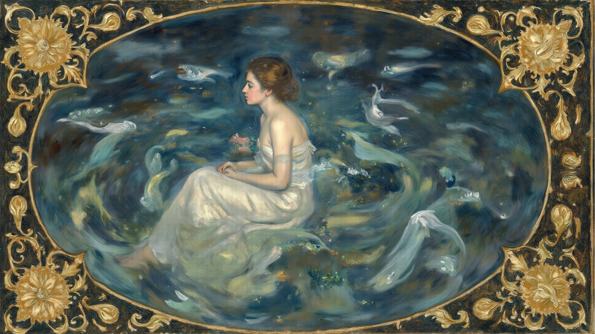 painting of a woman in a shell with a cherub on it, found in the ruins of pompeii, fresco painting, inspired by Marià Fortuny, birth of venus, inspired by Arnold Böcklin, ancient roman painting, inspired by Gustave Boulanger, neoclassic painting, the birth of venus, inspired by Domenico di Pace Beccafumi