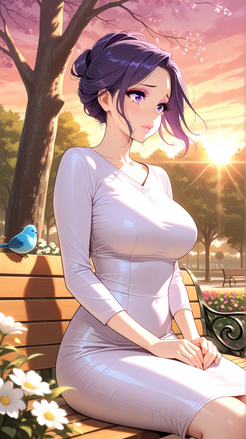 (((masterpiece))), highest quality, figure, 4k wallpaper, Cinematic Light, Absurd, One Girl,Short Hair, Purple crystal hair, Shiny Hair, Bloom Hair, Look ahead、Detailed face、Detailed Background、Background blur、Natural Film、Detailed people、smile、Cowboy Shot、Daytime Park,big breasts, long earrings
