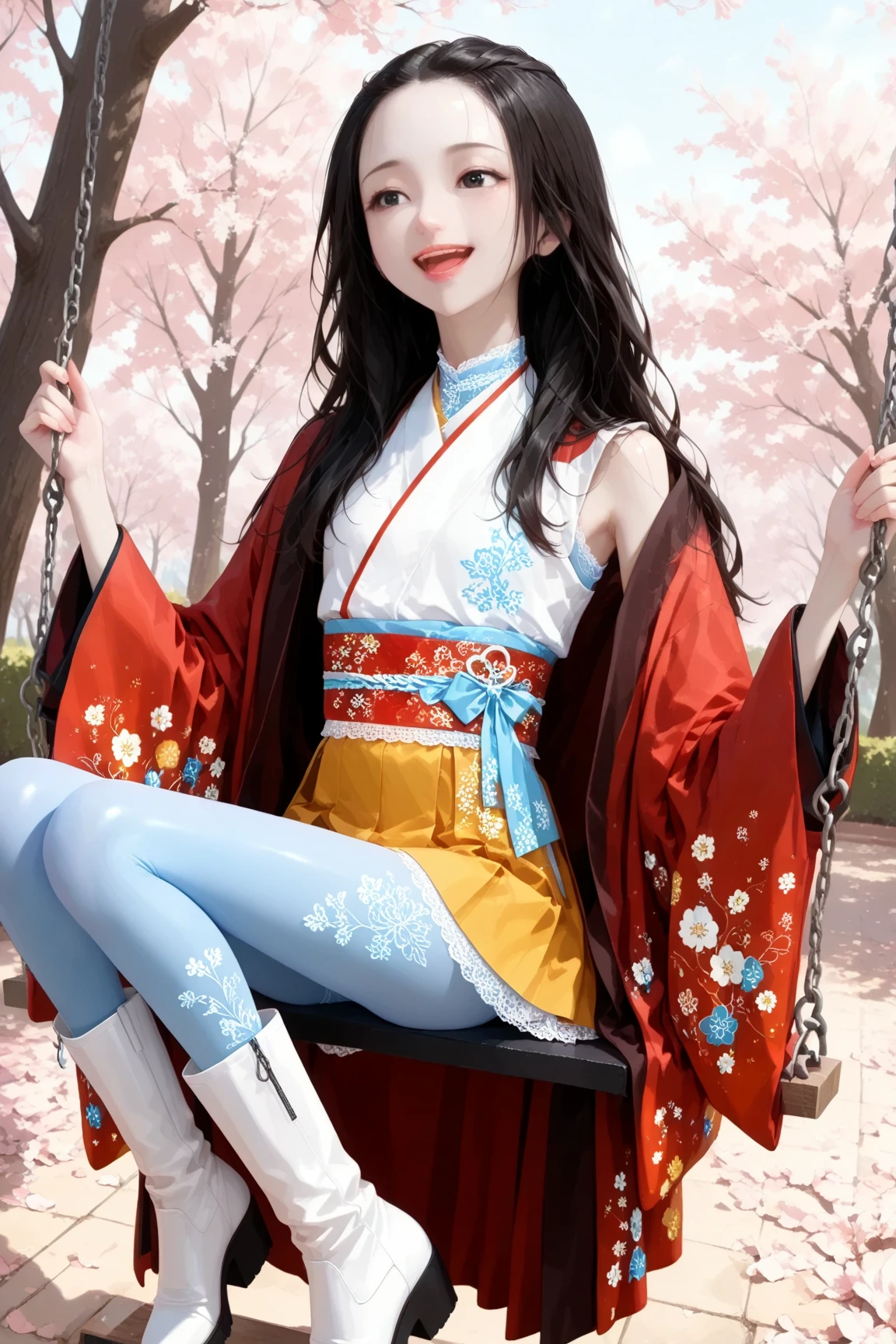 ((tachi-e)), original,(illustration:1.1),(best quality),(masterpiece:1.1), (extremely detailed CG unity 8k wallpaper:1.1),(ecchi0.5), (trees:0.5), (flowers:0.6) ,(birds:0.2), (bamboo0.1), lakes,(panorama shot:1.4),(full body:1.05),(solo:1.2), (ink splashing),(color splashing),((watercolor)), clear sharp focus,{ 1girl },((chinese style )),(flowers,woods),outdoors,rocks, looking at viewer, make happy expressions,soft smile,pure,beautyfull detailed face and eyes,beautyfull intricacy clothing decorative pattern details, black hair,black eyes,Hangzhou, wuchangshuo, wuchangshuo in background,erjie, <lora:Threesister-erjiev2:0.8>,<lora:moxin_1010:0.2>,((arms behind back)),sitting,