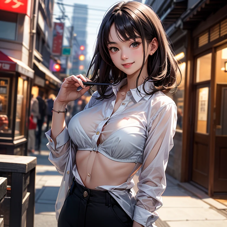 ((Realistic lighting, best quality, 8k, masterpiece: 1.3)), clear focus: 1.2, 1 girl, Perfect body: 1.4, Slim abs: 1.1, ((Dark brown hair)), (white blouse: 1.4), (outdoor, night: 1.1), city street, Super thin face, beautiful eyes, double eyelids,topless,exposed,户外exposed,red tide,shy,shy的神态表情,small breasts,rain,wet,female student,16 years old,Green,girlish feeling,The neckline opens