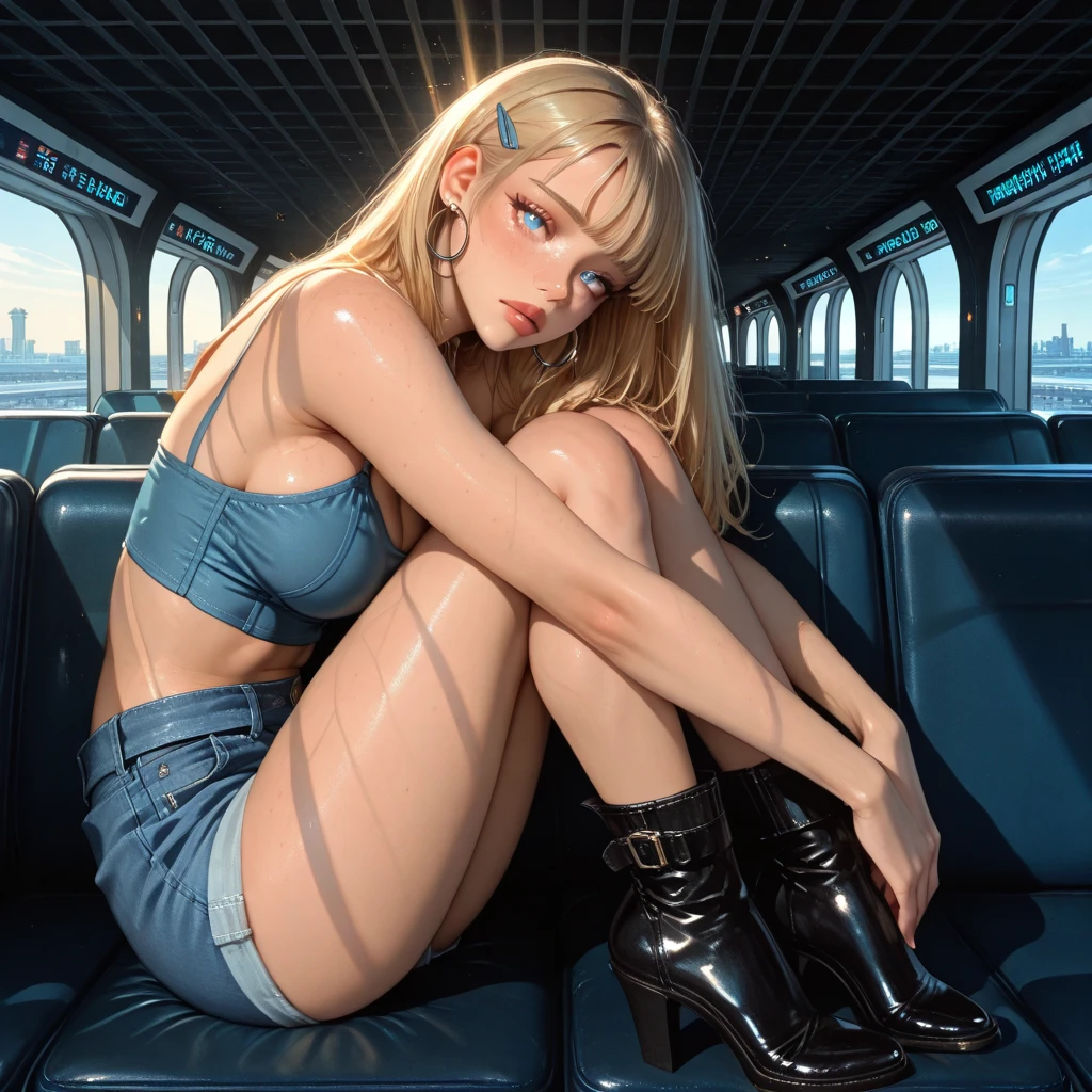 (masterpiece, best quality), intricate details, thin, ((slim)), beautiful girl, golden yellow hair, white skin, blue eyes, sharp jawline, cropped jacket with a blue ((π)) design on it, messy hair, lips, ((sitting on a bench)) outside a mall, ((PI Network signboard)) over the ((entrance of the mall))