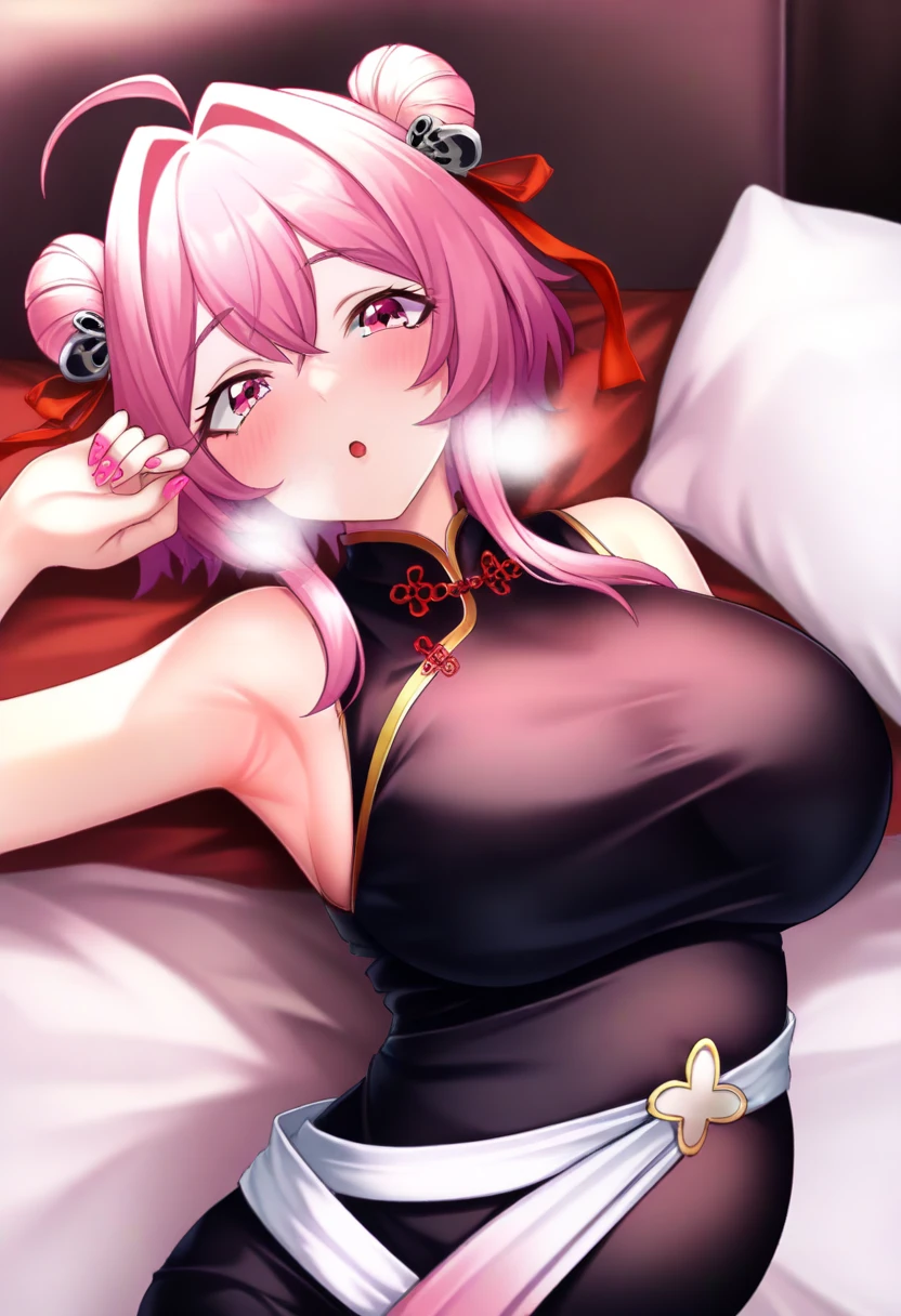 Cute face　Angle from directly below　　Huge boobs　Seductive Pose、Laughter　　　　Pink Mist　　　　Charm Magic　Pink Room　Front Angle　　choker　Robe Dress　Succubus　　Princess Room　bed　　Predator　at night　futon