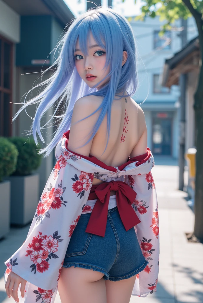 Anime High School Girl, Wear a sexy kimono, Short kimono, Bare arms, Bare back, Bare shoulder, Walking, Long hair, Light blue hair, look at viewr, Blue eyes