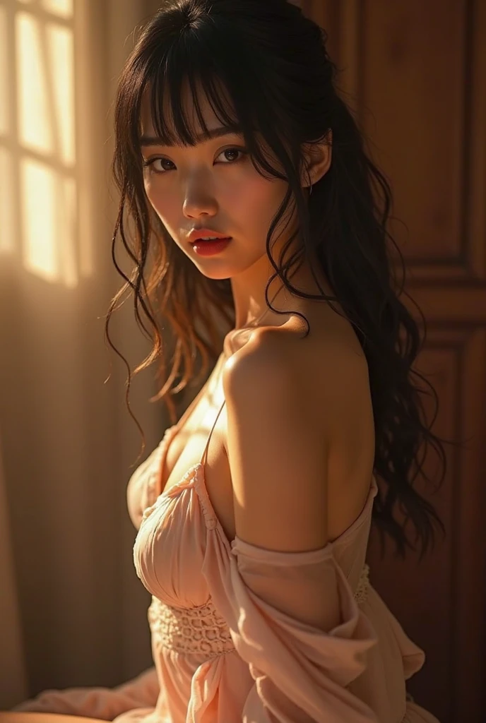 (You can be a person to the world but you can also be the world to one person., Paradox, genius adrian, jenny saville, eduardo hopper, dark art by James Jean, Takato Yamamoto)),(raw photo, best quality), ((Nostalgia,80s style)),(A girl with an office atmosphere.:1.2),(realistic, photo-realistic:1.3), extremely delicate and beautiful, Amazing, finely detailed, masterpiece, ultra detailed, high resolution ,best illustration, best shadow,Intricate,depth of field,1 girl,(Long legs, voluptuous body),long blonde hair,messy wavy hair round glasses,((((Low key,dark scene,dimly lit)) )),fat,(((soft lighting:1.4))),(pale skin:1.4),(Shy smile),(cinematic angle),Sharp focus, volumetric fog, 8k UHD, DSLR, High quality,( grain the film:1.4), Fujifilm XT3,(looking at the viewer)