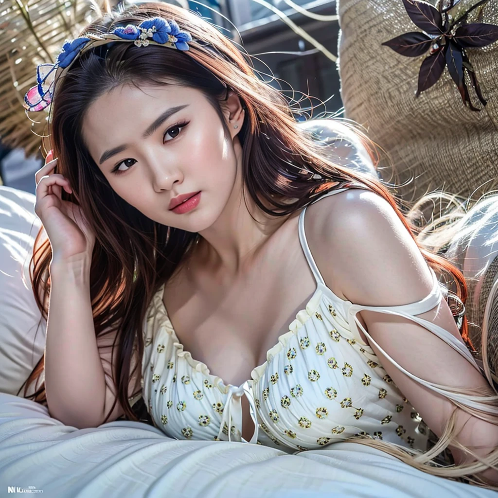 melancholy lighting, Quiet, chill out, luminance, tmasterpiece, Best quality, 1 sister, (Kim Kroll:1.2), (hyper realisitc:1.3), (tmasterpiece:1.4), Best quality, ((actual)), high high quality, ultra - detailed, ((Authentic images)), ((Realistic skin)), ((Realistic face)),(illuminations:1.05), (The beautiful:1.05), (The beautiful眼睛:1.05), (电影灯光:1.1), Full body lesbian, Precise proportions, 18yo Girl, Thin model lying next to bed, SHORT BLONDE hair fluttering in the wind, gossamer, legs long, Open your feet slightly, Gluteus, The face is red, Very shy, 鎖骨, Abs, Double up braid, Beautiful and delicate face, Fair skin, dermiace details), pores, 超高分辨率, 8K, Parameters Best quality, tmasterpiece, 超高分辨率, (Reality 2.0), higher detailed, delicate skin, cleanness, Hefty Smile, white teeth, short blonde curly hair, perfect and well designed eyes, girlfriend, The beautiful, The beautiful, blossom flower, Studio lighting