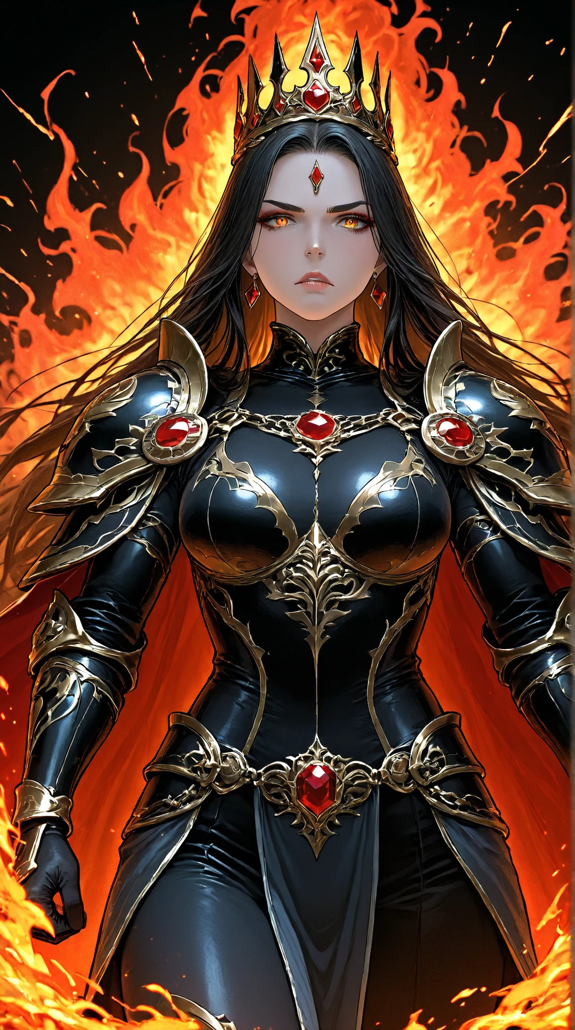 A fierce and powerful female warrior in elaborate black and gold armor, adorned with intricate engravings and red gemstone accents. She has a determined expression, long flowing dark hair, and a regal crown with flaming motifs. The background is engulfed in fire and sparks, creating an aura of dominance and strength. The overall composition is highly detailed, with a fantasy and epic battle theme.