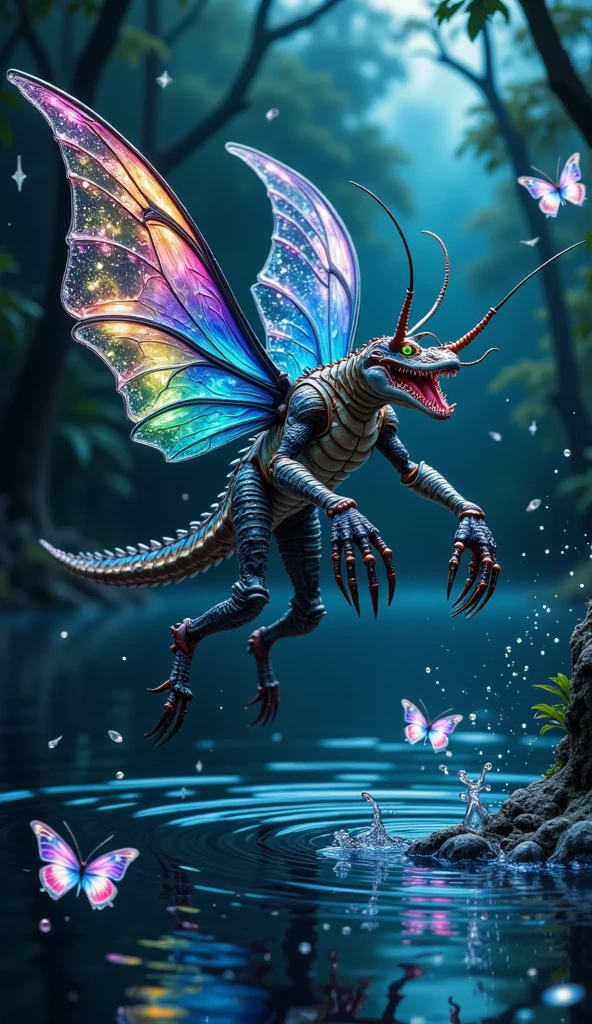 a small bizarre and strange looking brightly coloured alien. Showing the entire, highly detailed body from the side. The entire picture is full of details. Strange alien landscapes in the background. Big detailed wings and sharp teeth and fangs. a sharp abdominal stinger. tentacles and antennas and multiple eyes. long spiky legs. Scaley segmented body. Hypnotic and telepathic and psychedelic looking.