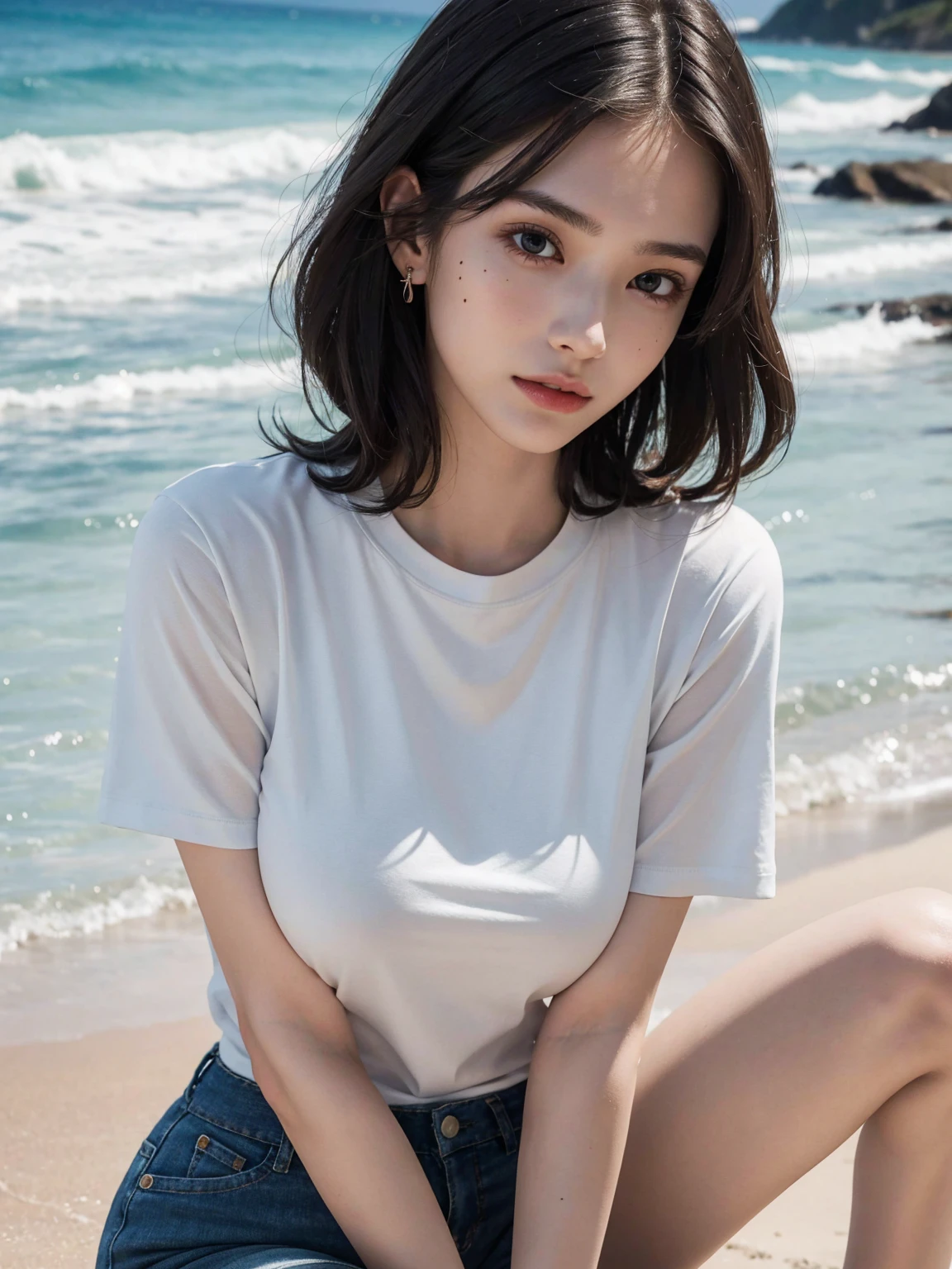 8k, Raw photo, highest quality, masterpiece:1.2), masterpiece, highest quality, figure, Very detailed, Fine details, High resolution, 8k,wallpaper, Perfect dynamic composition,(Detailed high quality, Realistic depiction of eyes:1.3)、 Woman、Arms wrapped around his back, hands tie behind back, Crouching on the deck of a yacht at sea、White panties are visible、Wearing a short-sleeved shirt、Wearing a long skirt、whole body、The whole thing faces forward、21talent、Beauty、I am a TV personality.、Well-formed face、Make your eyes even、Beautiful black hair fluttering violently in the wind、Fluttering bangs、Well-balanced proportionedium build、Beautiful legs、Refreshing small face、Beautiful scenery、