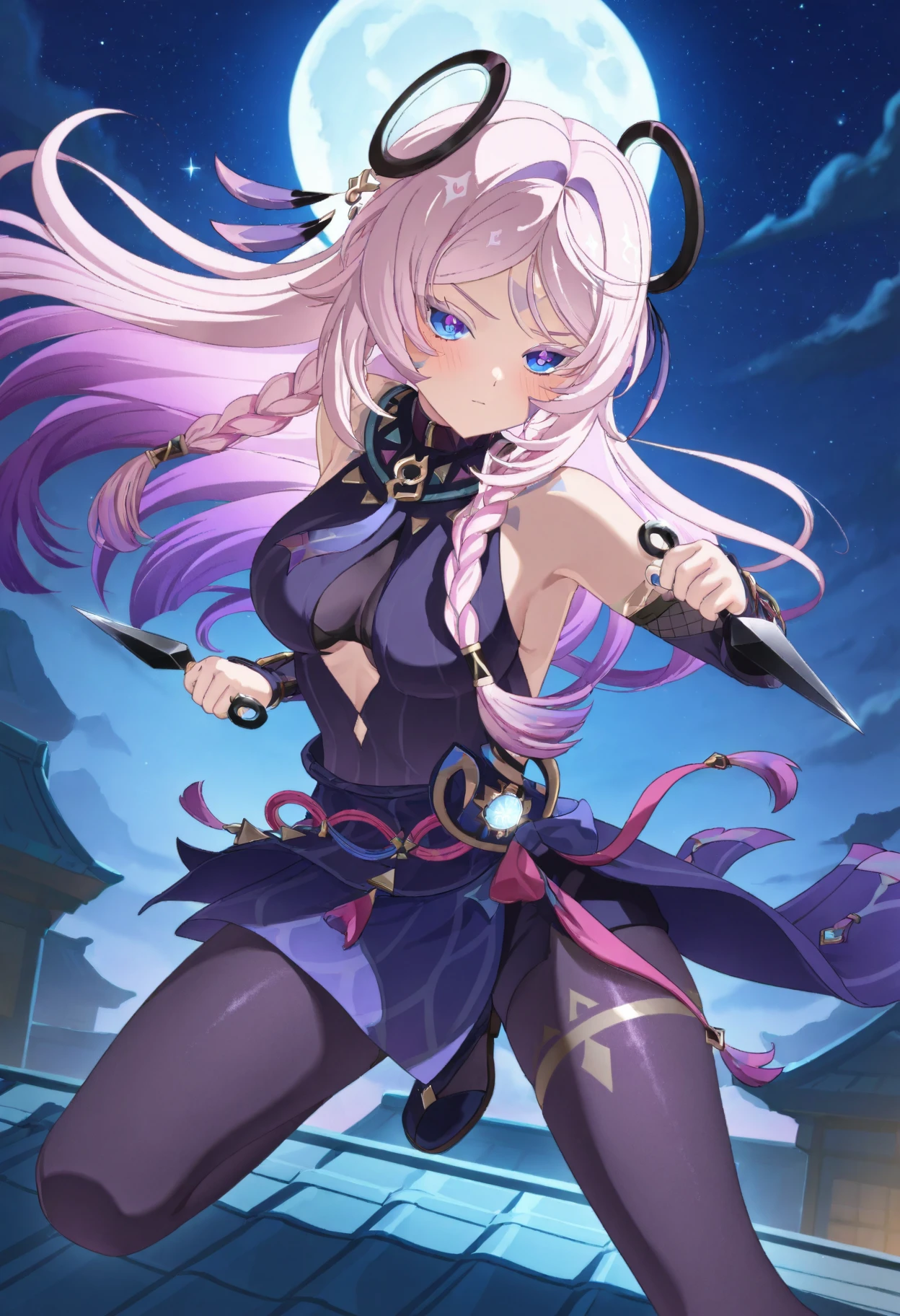 <lora:yoneyamaMaiStyleLora_yoneyamaMaiV2:0.33>
(extremely_beautiful_and_delicate:1.3),(pastel:1.6),(official_art:1.3),(illustration:1.6),(masterpiece:1.2),(best_quality:1.3),(dynamic_angle_and_pose:1.0),
keqing \(genshin impact\), channels the power of the elements through her sword, sending waves of energy rippling through the air. She moves with incredible speed and agility, striking with deadly precision and sending her opponents flying with each devastating blow, atop a high mountain peak, with the clouds and lightning swirling around her. The wind whips through her hair as she charges towards her opponent, her sword crackling with energy.<lora:keqingGenshinImpact3in1_v10:1>
pantyhose, hair bun, purple hair, gloves, twintails, long hair, purple eyes, diamond-shaped pupils, bare shoulders, hair ornament, black pantyhose, cone hair bun, detached sleeves,dress, jewelry, medium breasts, earrings, bangs, frills, purple dress, black gloves, braid, skirt,
(extremely_beautiful_and_delicate:1.3),
(4K:1.3),++//++//++,++//++//++//++//,(extremely_beautiful_and_delicate:1.1),(ultra_detailed:1.3),(delicate:1.3),(realistic:1.0),
(beautiful_eyes:1.3),(beautiful_face:1.3),(beautiful_hair:1.3),(direct_lighting:1.6),sharp,
