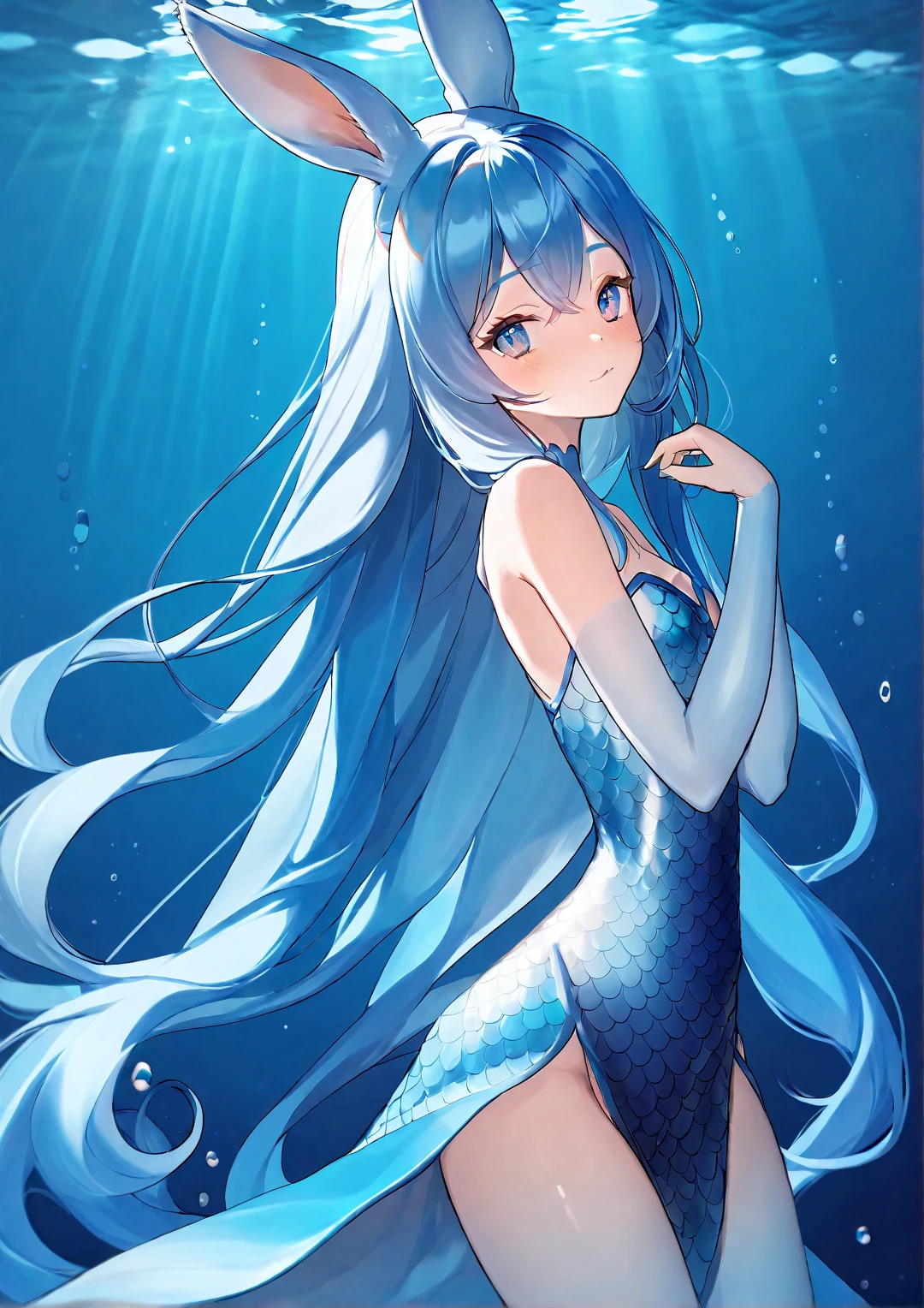 Aqua (Konosuba), long hair, blur hair, blue eyes, mermaid, blue mermaid, underwater, sea, full body, cleavage, bra, smile, happy face, blush,