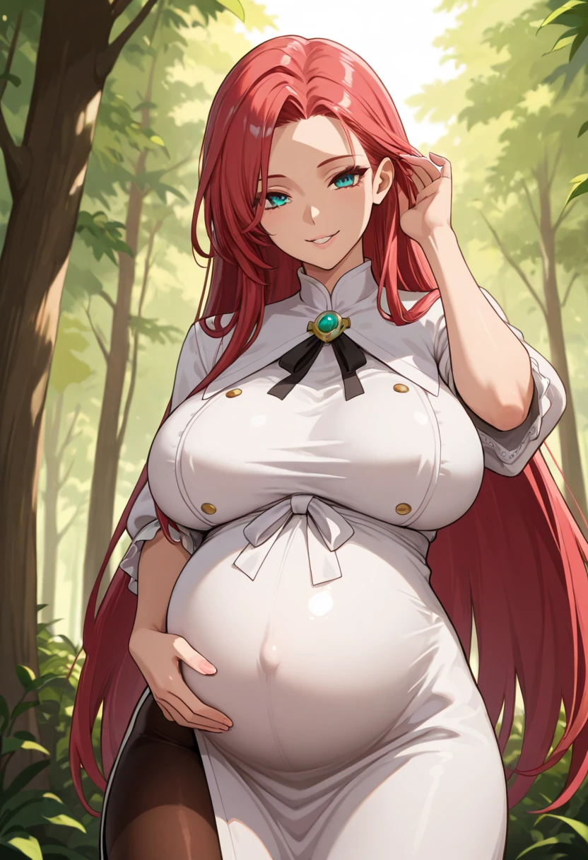 My name is Hikaru, I am a white test woman with long red hair and black eyes. I am 1.60cm tall and weigh 46kg. My breast sizes are 300 cm, my waist is 60 cm and my hips are 200 cm. Dressed in a traditional white kimono along with a pink headband. With big breasts 300 cm. with a pregnant belly