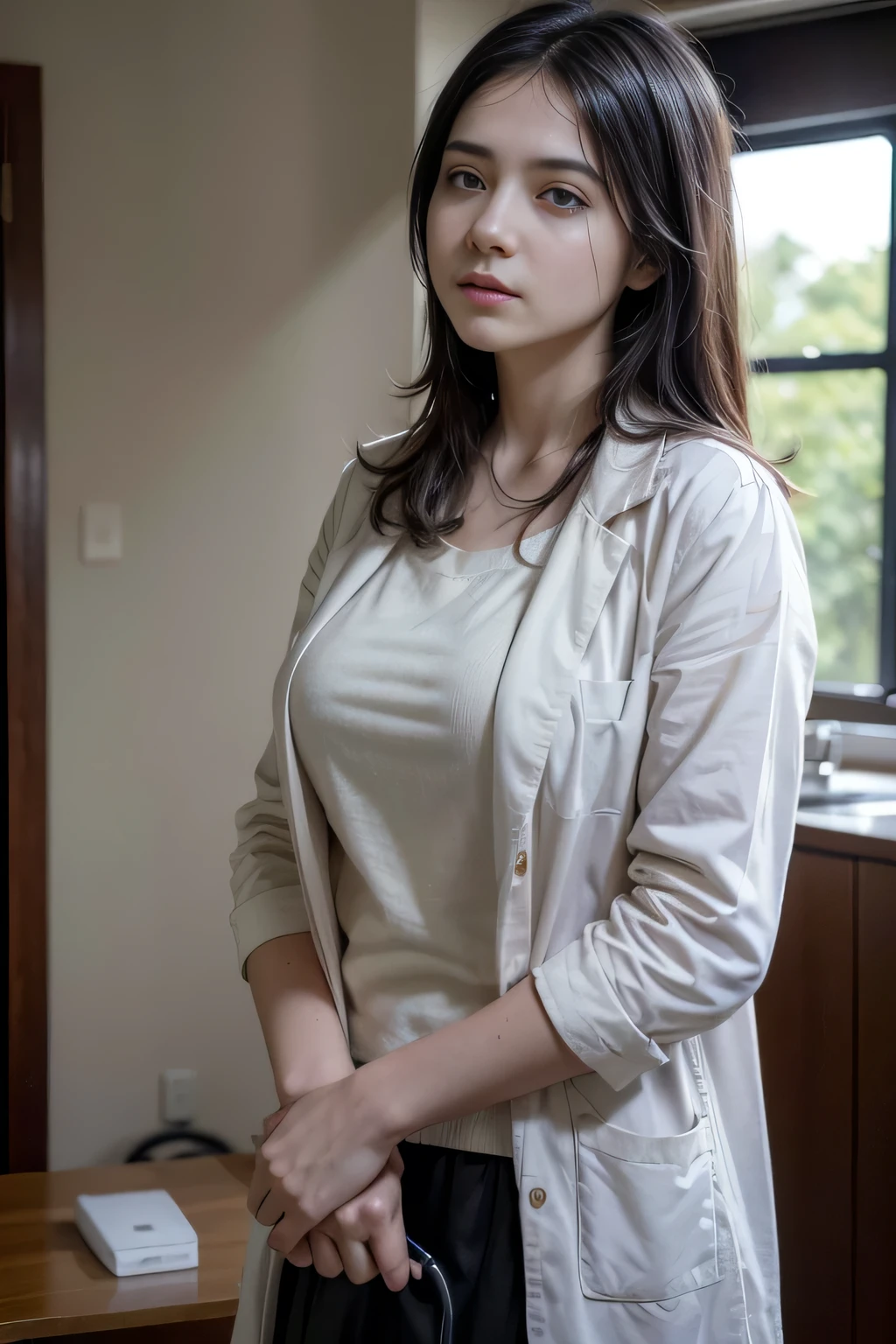 Photorealistic beautiful doctor、stunningly beautiful、doctors white coat, Collared shirt、(top-quality、8K、32K、masterpiece、nffsw:1.3)、超A high resolution,(Photorealsitic:1.4),Raw photography, Detailed face,,Beautiful hair, ((Doctor Style)), , Black tight skirt、 Natural makeup,, large full breasts、inside hospital, Detailed background, Perfect Lighting, depth of fields, Beautiful shadow gradient,stethoscope ,