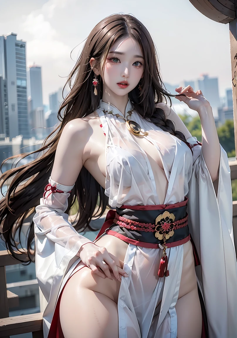1 beautiful japanese girl, ethereal beauty, goddes, full body, seductive body, wearing kimono, mini skirt, long hair, ribbons in the hair, beautiful face, beautiful eyes, Cyberpunk city from sci-fi movie, empty street, night, fullmoon, chinese buildings, old shop, irregular, circuit boards, intricate, super detailed, realistic, hyper realistic, high quality, best, super detailed, Very Detailed, Photorealistic, Epic Composition, Best Quality