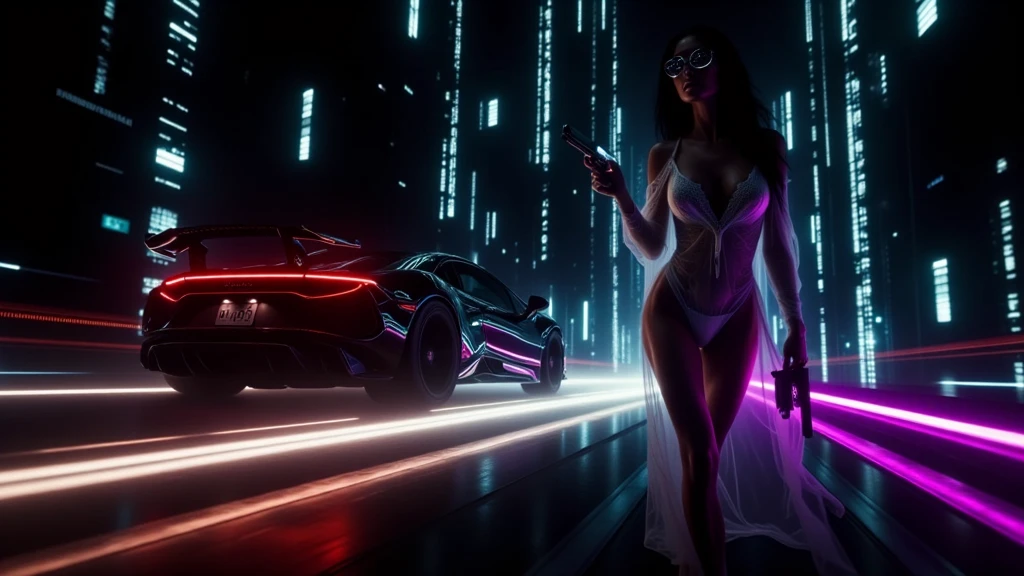 20-year old large-breast woman with cleavage:1.4, 1woman, solo, 3D neon art of a woman's body, matrix style black micro sunglasses, (((aiming with a short gun))), (looking at camera), aerial view of blade runner neon-noir city background, (((flying car) above city)), perfect composition, beautiful detailed intricate insanely detailed octane render trending on artstation, 8K artistic photography, photorealistic concept art, soft natural volumetric cinematic perfect light, chiaroscuro, award-winning photograph, masterpiece, oil on canvas, Raphael, Caravaggio, Greg Rutkowski, Beeple, Beksinski, Giger