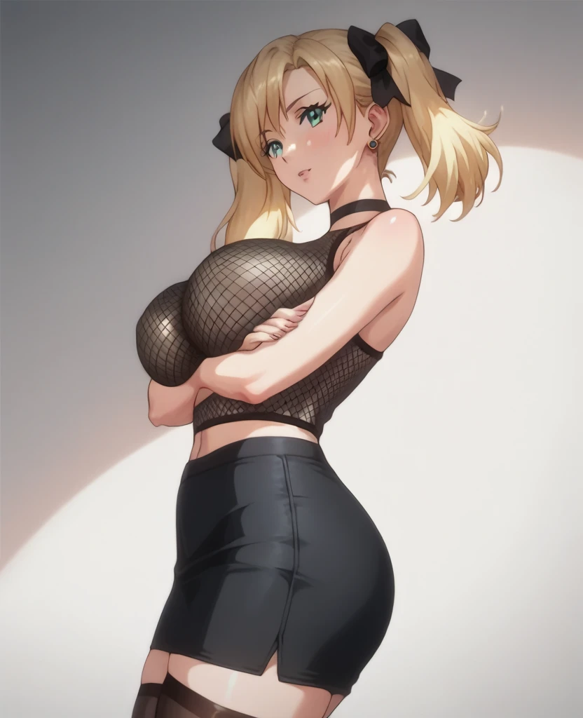 ((((masterpiece)))), ((((best quality)))), 8k, (front Photo), (1girl), shiny skin, female focus, rim light, mature female, a woman standing in the neighborhood, ponytail, blonde hair, dark brown eyes, (dark skin), smirk, closed mouth, gyaru, arm behind back, leopard_bikini_top, mini_skirt, makeup