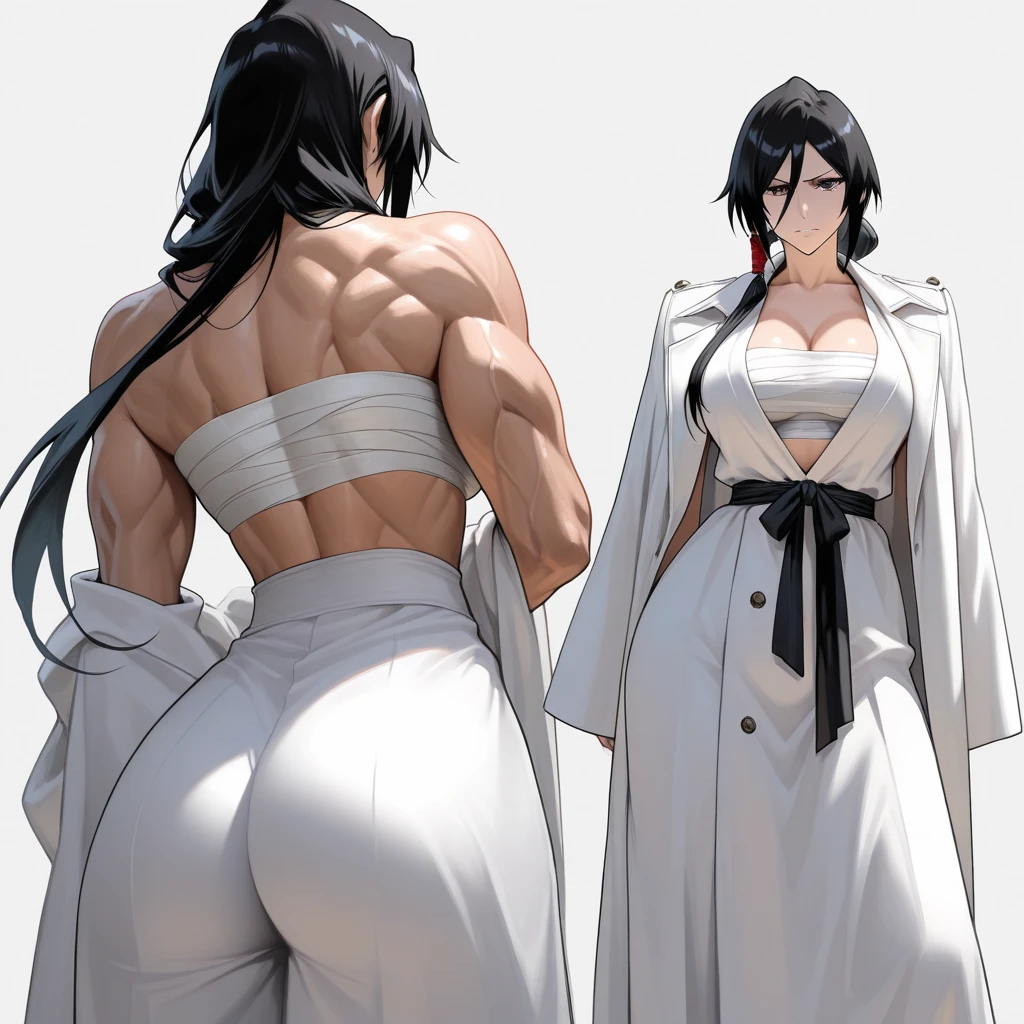 Cutesexyrobutts style, soi fong (bleach), 1girl, solo, breasts, black_hair, short_hair_with_long_locks, japanese_clothes, sideboob, back, simple_background, grey_background, ass, hip_vent, small_breasts, detached_sleeves, black_eyes, looking_back, looking_at_viewer, hakama, from_behind, backless_outfit, bare_shoulders, bare_back, hakama_skirt, underwear, panties, muscular, long_hair, white_panties, muscular_female, skirt, cowboy_shot