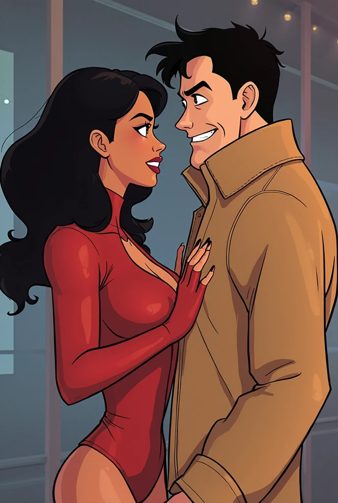 Interracial couple(red woman ans black man),1 a young red woman named Rinalia Clareta in a comic realist style, shown in her modern and luxurious studio apartment. She has long black hair, emerald green eyes, and a smiling, ambitious expression. She has a vivid red skin tone, ?????,room. she fucked by her athletic African black man boy friend, short black hair