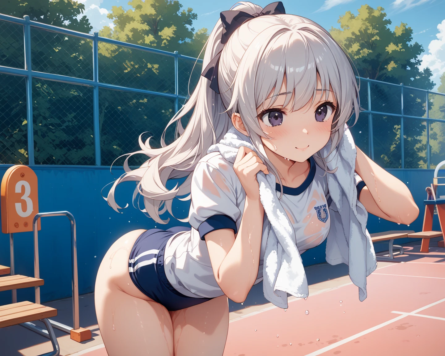 panty shot、tennis wear、Beautiful Girl Magician、silver hair upstyle、((whole body))、(((photo taken from below)))、Tennis court