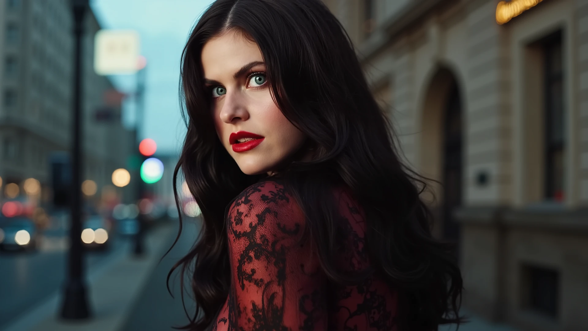 beautiful and hot BloodRayne woman with make-up, in modern sexy clothes, in random places, random world places