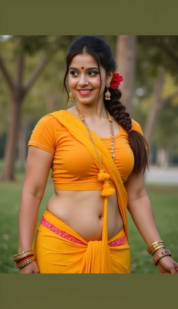 day scene, extreme close up photo of seductive indian model from top view wearing semi yellow top with big breast, big cheeks, red Hollywood lips, squatting near shrub in a garden, hourglass figure, armpitlue eyes:1), ponytail, necklace, 30 yo, look at viewer and smile,forest background (cinematic:1.3), intricate details, (ArtStation:1.2)