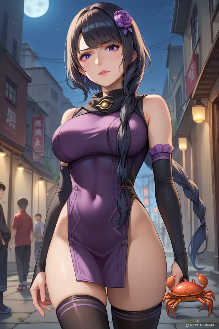 Masterpiece: The captivating portrait of TrixieTang, showcasing the best quality of digital art, features a solitary girl, dressed in a distinctive purple sweater with a matching fur band. With arms gracefully positioned behind her back, she stands proudly by the wide window, her gaze fixed on the viewer. Her black fur, textured with intricate details, frames a beautifully sculpted face, highlighted by twin braids that cascade down her back. Her blue eyes, as vast and captivating as the deepest ocean, are filled with a sense of wonder and longing. The upper part of her body is exposed, revealing small yet delicate breasts that sit perfectly against her slender frame