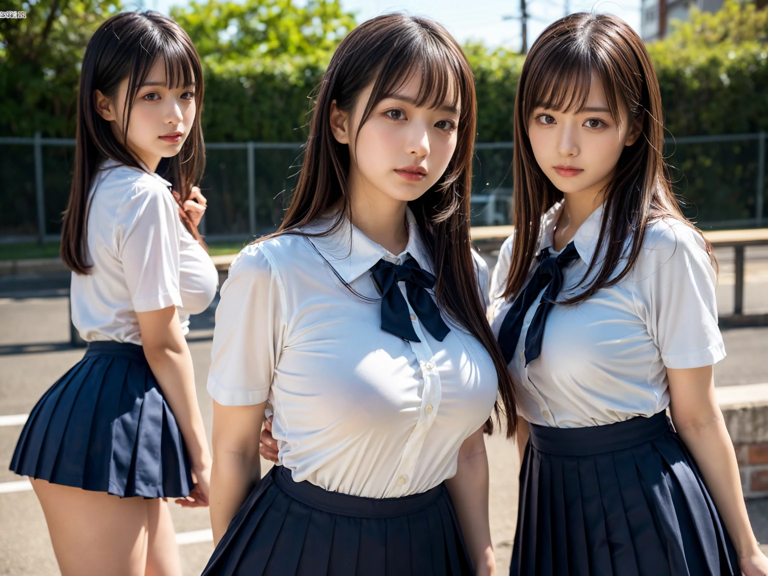 (RAW photo, 4k, masterpiece, high resolution, extremely complex) (realistic: 1.4), cinematic lighting
((2 girls, 2 schoolgirls)),Slam Dunk's,blushing,((innocent)),bright eyes,round eyes,blunt bangs,(short bob hair:1.3),black hair,large breasts,wide hips,Summer Noon, ,Hot, (Best Quality), (Highres), (an Extremely Delicate and Beautiful),(Beautiful 8k face),(Brown eyes),( spectators),(gigantic breasts),(Play with each other,Touching each other's bodies,Touching the body),(Japanese high school uniform:1.3),blue skirt,(reality),bright lighting,(The background is a luxury hotel room)