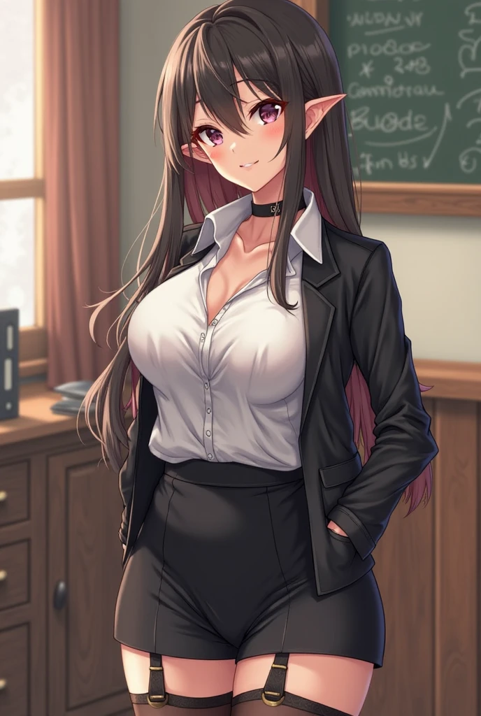 Woman, curly hair, has heterochromia, has vitiligo, freckles, septum piercing, medium tits, wearing a long sleeve crop top and a pleated skirt