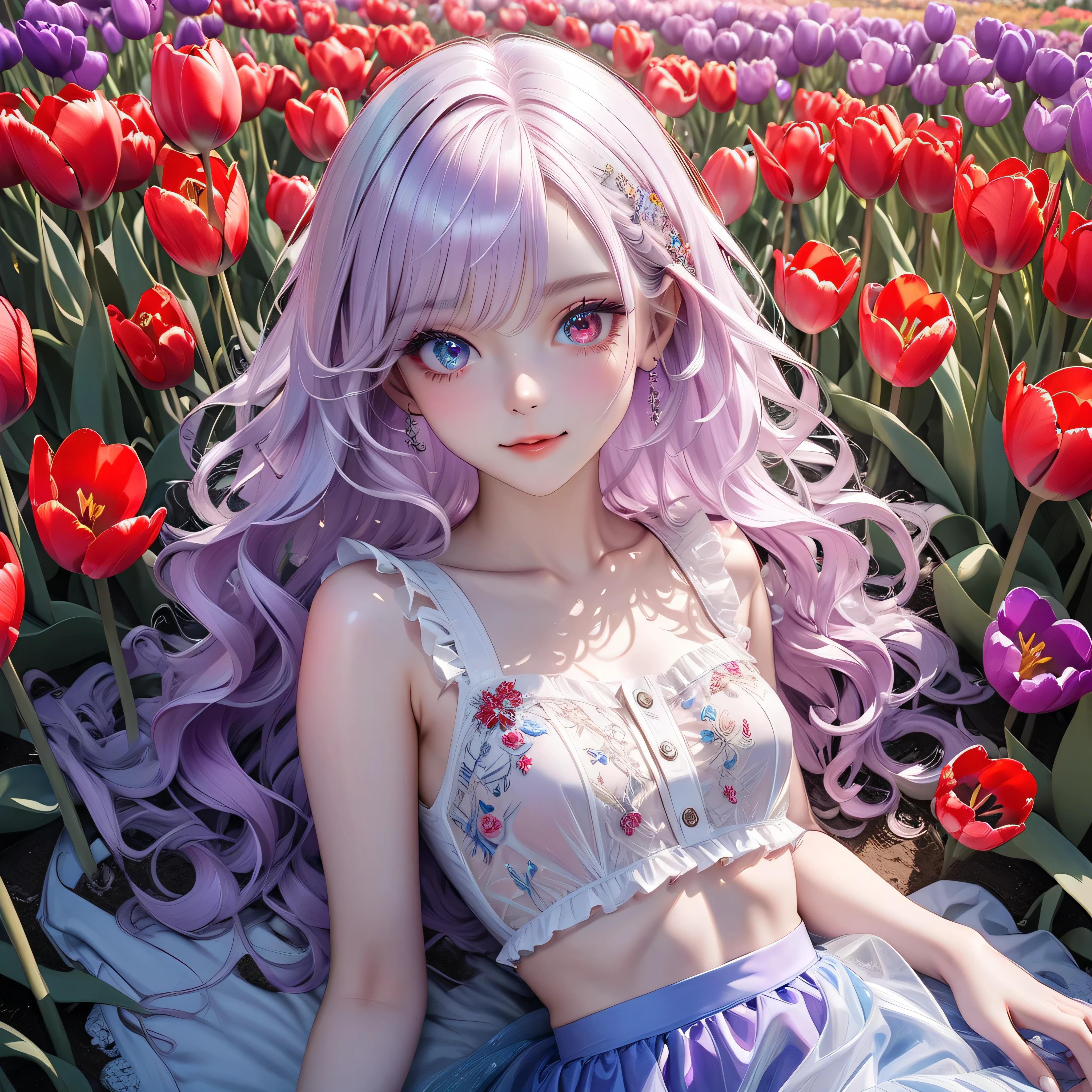 (((Highest quality, highest resolution, masterpiece, ultra-realistic)), ((Red eye shadow, red eyeliner)),((High school girl with odd eyes)), ((Heterochromia, red eyes, blue eyes)),
((Sparkling and detailed eyes)), Super detailed eyes, ((Crystal eyes)), ((Long wavy hair with a mixture of platinum and purple)), Princess cut, ((Translucent, shiny white skin)), Glossy skin, ((Small breasts)), (Anatomically accurate depiction), ((Number of fingers, detailed depiction down to the fingertips)), ((Small breasts)), ((Mossy eye with floral embroidery) Wearing a low silk sleeveless blouse), ((Wearing an indigo frilly skirt)), lying on her back on tulips in a tulip field surrounded by colorful tulips)), smiling, ((Red eye shadow, red eyeliner)), feather hair accessory, ((Lying on her back in a tulip field)), ((Her arms are behind her head)),((from above, upper body, looking down)), ((Colorful tulip field), ((Beautiful sunrise)), ((Beautiful scenery)), the gentle breeze, gazing dreamily upwards, very beautiful