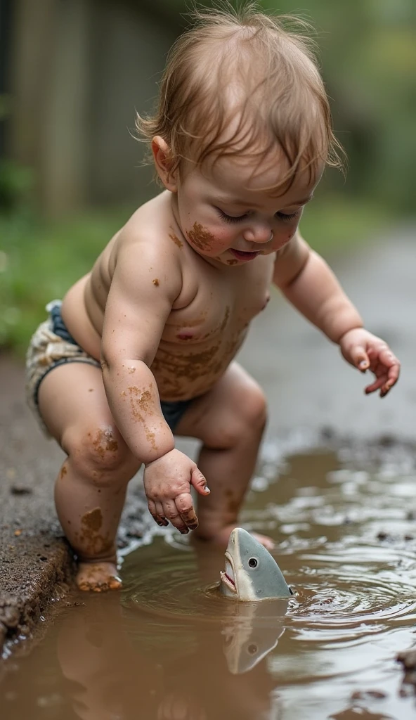 A six-year-old boy walks barefoot on mud,Shota,sludgy,footprints,fat guy,Stepping on,The soles of the feet face forward,Close-up of feet,frontage