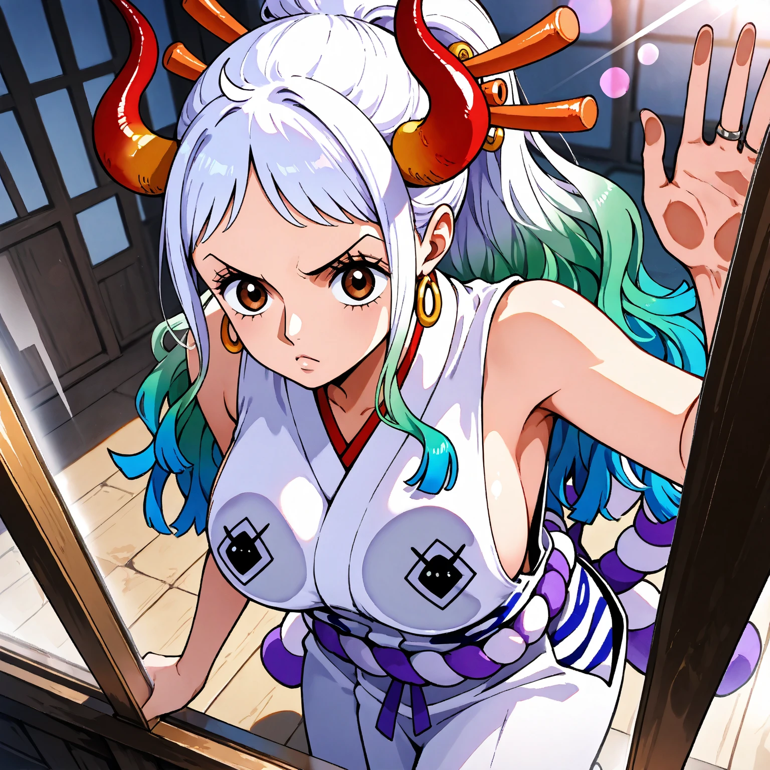 ultra realistic 8k cg, masterpiece, ((ultra detailed background, delicate pattern, intricate detail)), (highly detailed, fine details), best quality, (photorealistic:1.4),beautiful lighting, absurdres, RAW photo, film grain, ((Big breasts, Masculine girl)), Yamato, long hair, 1girl, horns, white hair, solo, oni, red horns, curled horns, hair ornament, (multicolored horns), jewelry, earrings, japanese clothes, kimono, hair stick, sleeveless, bare shoulders, aqua hair, sidelocks, hoop earrings, hakama, smile, wide smile, ((orange eyes, Masculine girl, Big breasts)), (complex detailed background, barren land, moon, portrait, close-up),a woman in a nappy plays with a dildo in her face, 1girl, mouth mask, solo, mask, phone, object insertion, v, pussy, anal, anal object insertion, holding phone, pubic hair, cellphone, thighhighs, female pubic hair, lying, black hair, smartphone, shoes, on back, white thighhighs, sex toy, stuffed toy, anus, holding, selfie, feet, looking at viewer