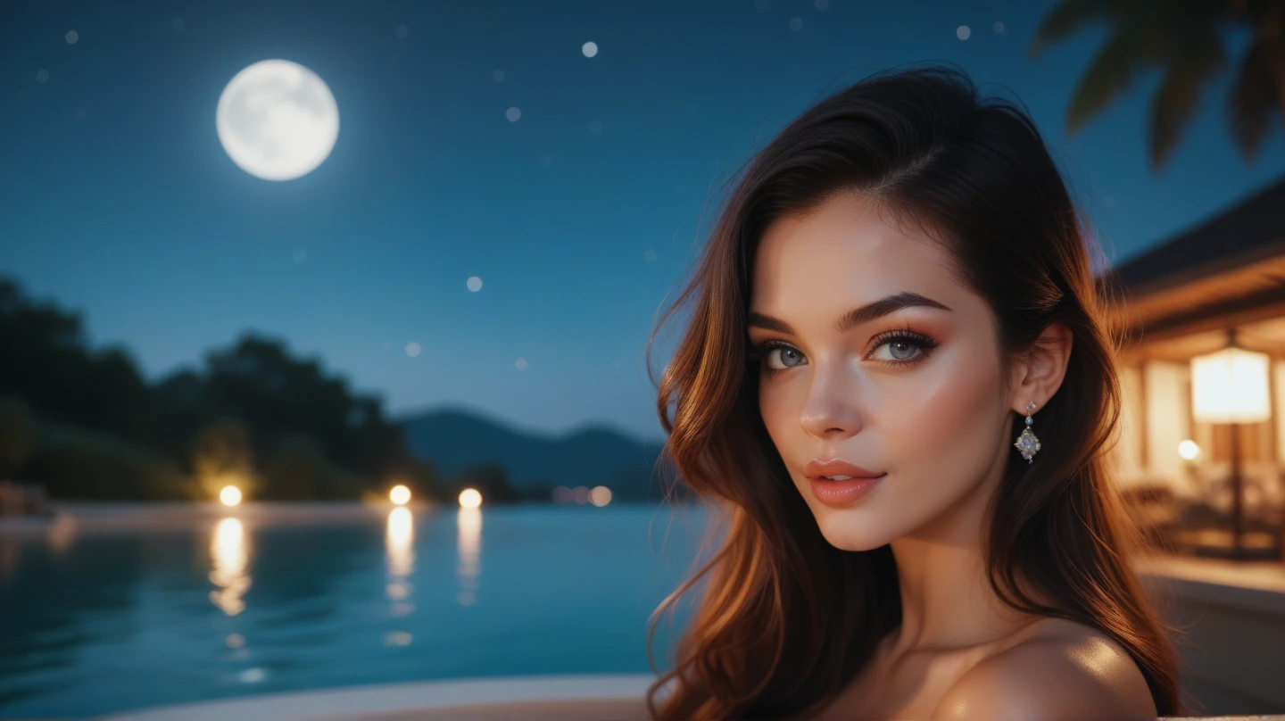 Taylor Swift，8K high-definition，Natural light exposure，Realistic photos，sexy beauty，Delicate facial features，eBlue eyes，Slim build，Bigchest，Red long-haired，curlies，Beautiful posture，clear luminous crystal，Crystal City，crystal roof，crystal swimming pool，Look down on the city，The moonlight is hazy，Taiai 0.5