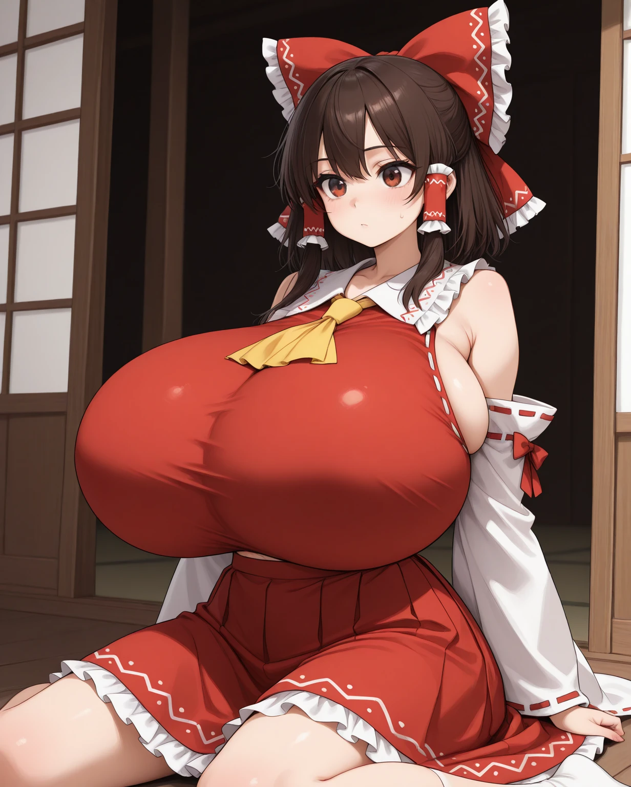 Hentai、High resolution、Gentle smile、Reimu Hakurei、Magazine cover style、Sensational headlines、A beautiful girl with huge breasts and a plump figure makes a sex appeal on the riverbank in summer、Perfect proportions、Cowboy Shot、Very big saggy 、Erect nipples、Big areola、Fatty legs、Sweaty、Clear eyes、Exposing shaved pussy
