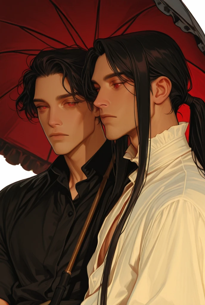 A male with medium-length black hair (Short Ponytail), blood-red eyes, slightly pale skin, a slender figure, an evil expression (the corners of his mouth are raised), the prisoner in black and white stripes