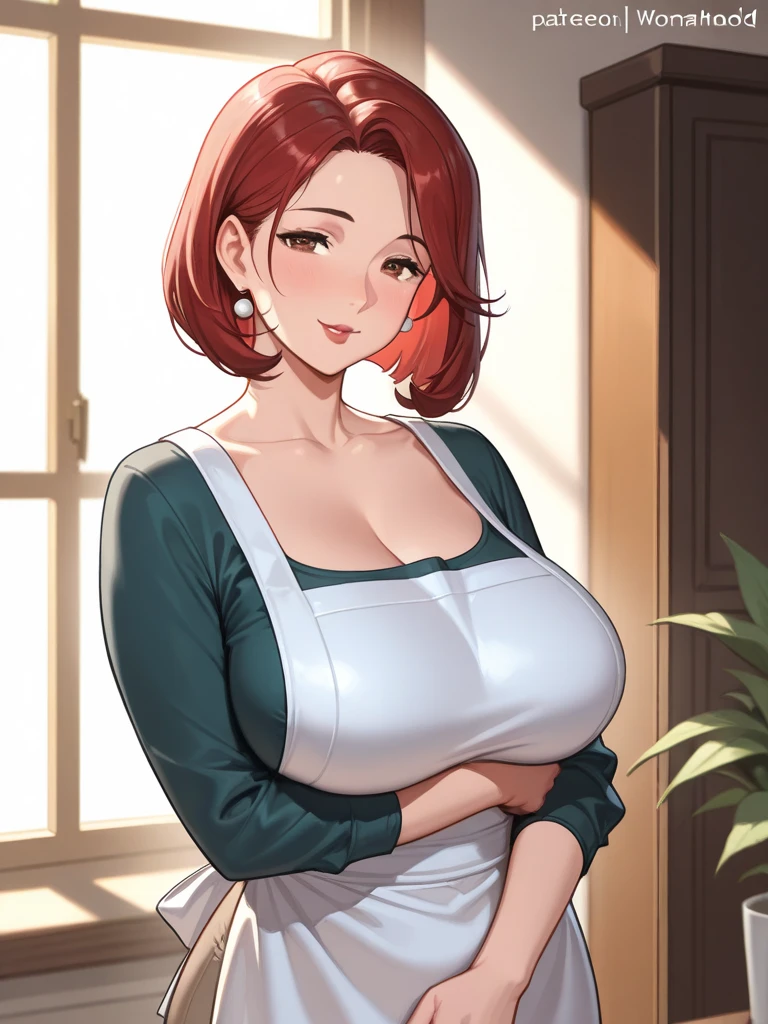 (masterpiece, highres, high quality:1.2), intricate details, cinematic lighting, ambient occlusion,
WakatsukiRisa, 1girl, solo, mature female, cowboyshot, standing, hands on hips, park, evening, sunset,
naughty face, smile,
red hair, short hair, makeup, lipstick, eyelashes, purple eyes, detailed eyes, perfect face,
white shirt, pencil skirt, thighhighs, garter straps,
huge breasts, thighs, cleavage, narrow waist, wide hips, thick thighs, huge ass, enormous huge natural breasts, cleavage, mature mom, tits poping out of her shirt