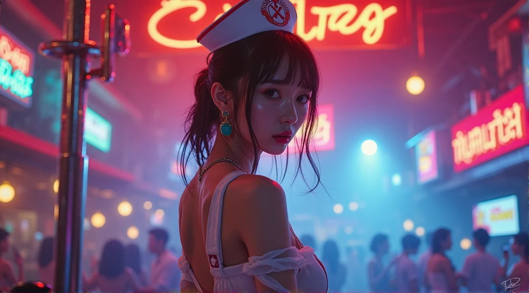 (8k, Raw photo, highest quality, mastery:1.2), (realistic, realistic:1.37),(K-POPアイドル), (charming monkey:1),cute,professional lighting, photon mapping, radio city, Physically based rendering , , Lucy \(cyber punk\), bob cut, mechanical parts, gray eyes, soft pink short hair, She is wearing a white nurse cap and a white tight suit with a purple-blue gradient essence., cyber punkシティ, white pants, night, neon lights up, sexy, cigarette, looking up at the viewer,, 8k High Resolution, 8k, CG wallpaper, realistic, clear background, medium breasts, body
