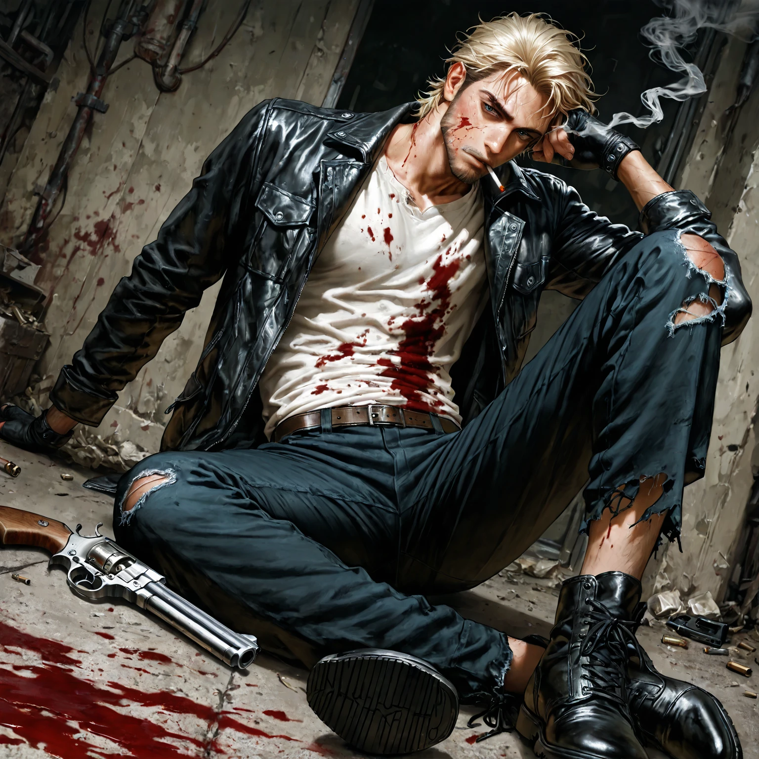 Create concept art for a film about a blond man with ,with black leather jacket and jeans,and torn,he is bleeding,and holding a gun!